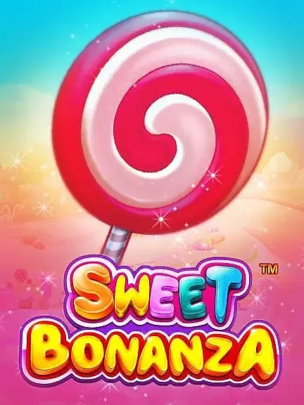Sweet Bonanza — обложка с розовым леденцом-спиралью над карамельным пейзажем